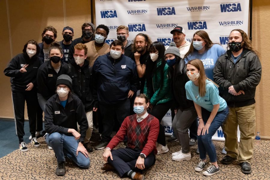 Washburn Student Government Association takes a group picture with Josh Blue. Blue performed at Washburn University on Wednesday, Feb. 23 in Washburn A/B.