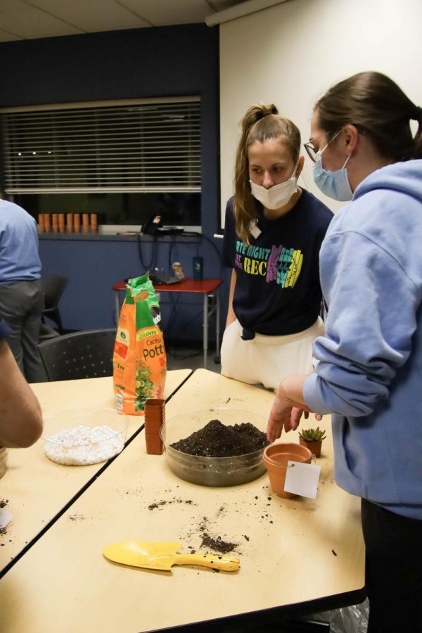 Employees help students plant their succulents. Late Night at the Rec was Feb. 25, 2022.