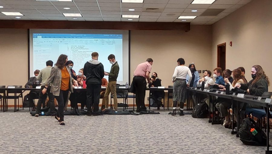 Friends Old and New: WSGA Members eagerly greet each other after a long absence of WSGA meetings over winter break. WSGAs first meeting of the Spring Semester occured on Jan 26, 2022, at 6:30pm in the Kansas Room.