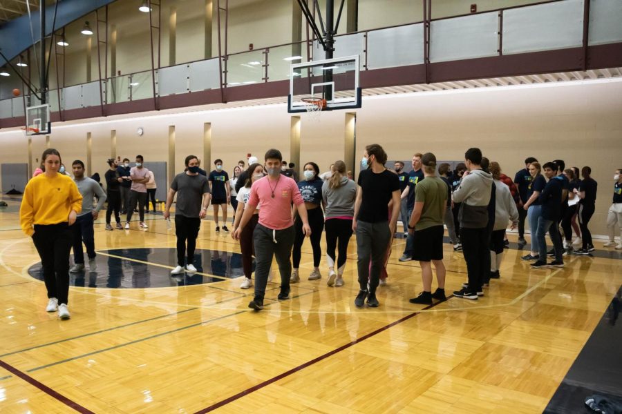 Students gather in the gym for a game of dodgeball. Late Night at the Rec was Feb. 25, 2022.