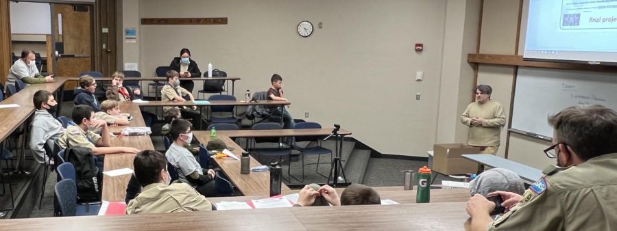 Bil Thompson, the merit badge counselor for Game Design, teaches Scouts in the Henderson Learning Center on the campus of Washburn University.