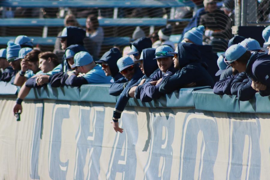 Washburn Ichabod's encourages teammates from the dugout Feb. 26, 2022, Topeka, Kan. Washburn defeated Fort Hays 3-2 in the game.