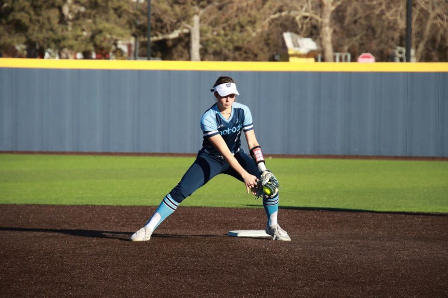 Autymn Schreiner (2) catches the ball Mar. 2, 2022, Topeka, Kansas. Washburn softball won its 11th and 12th games in a row.
