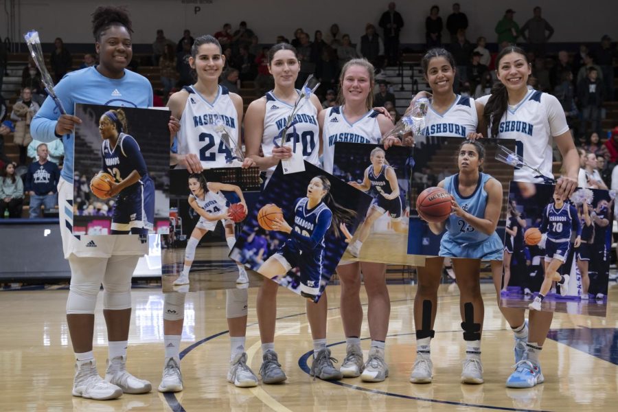The Washburn womens basketball seniors pose after the game Thursday Feb. 24, 2022, at Lee Arena in Topeka, Kansas. Washburn fell to Missouri Southern 55-50 in the game.