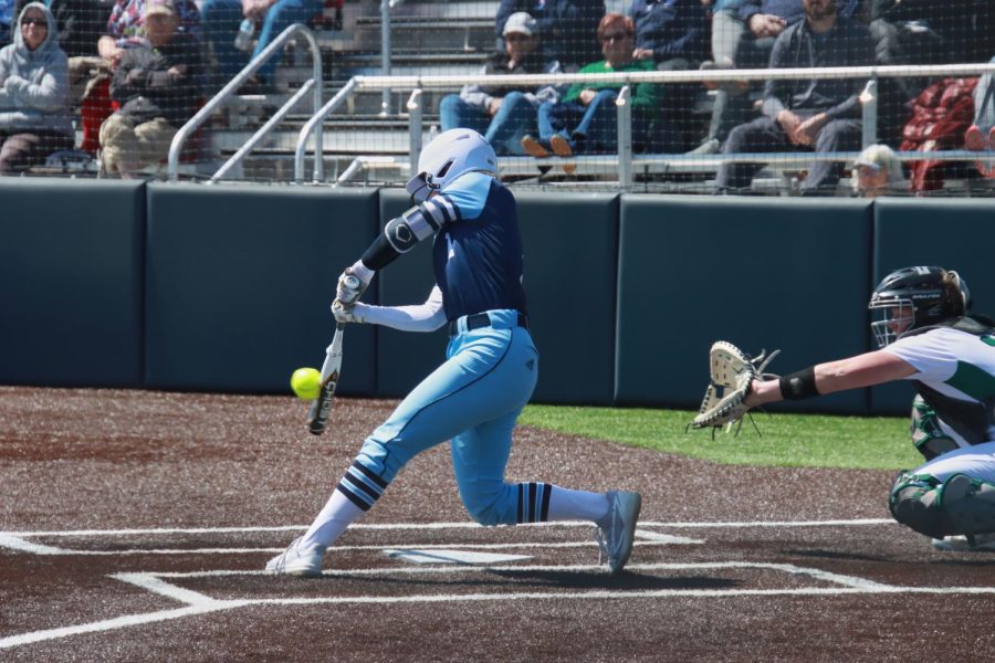 Washburn Marrit Mead (1) hits the ball April 2, 2022, Topeka, Kansas. Mead had three hits in game one of the day.