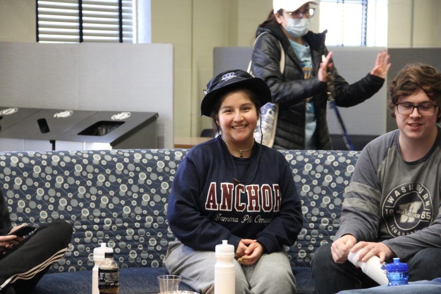 Smile for the camera: Megan Dorantes poses with her new hat. A giveaway was held March 25 during Spring Fling for the announcement of the WSGA president, vice president and senators.