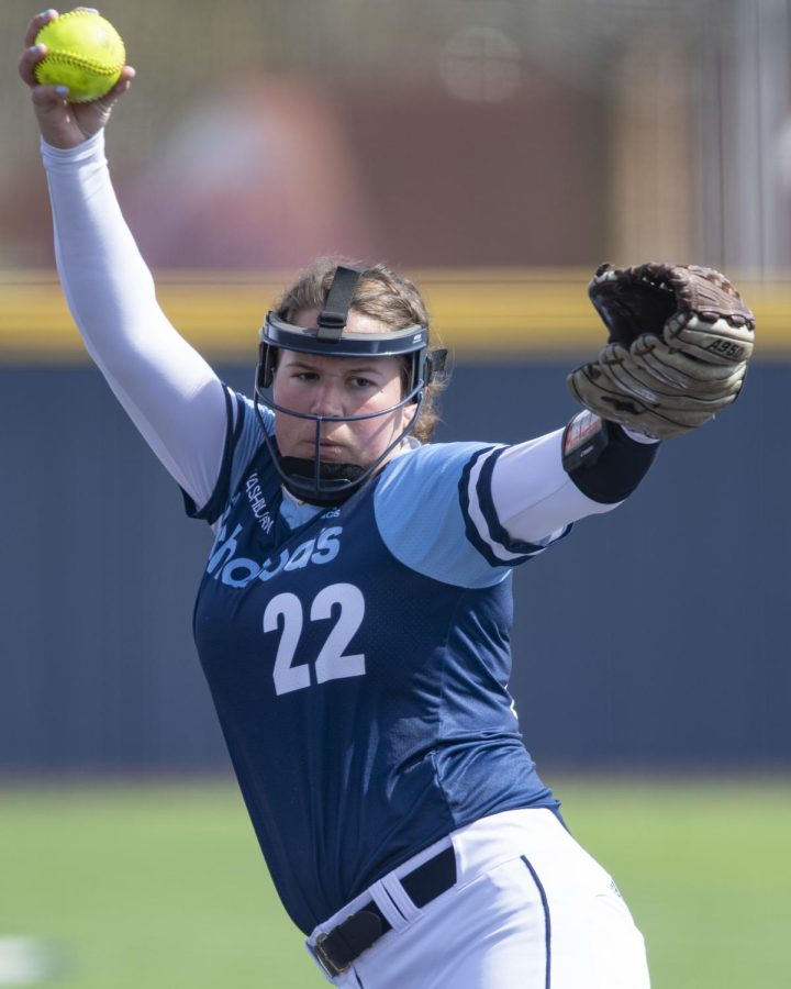 Washburn pitcher Raegen Hamm (22) pitches Saturday April. 16, 2022, at Washburn University in Topeka, Kansas. Hamm pitched 5.1 innings in game two of the day.