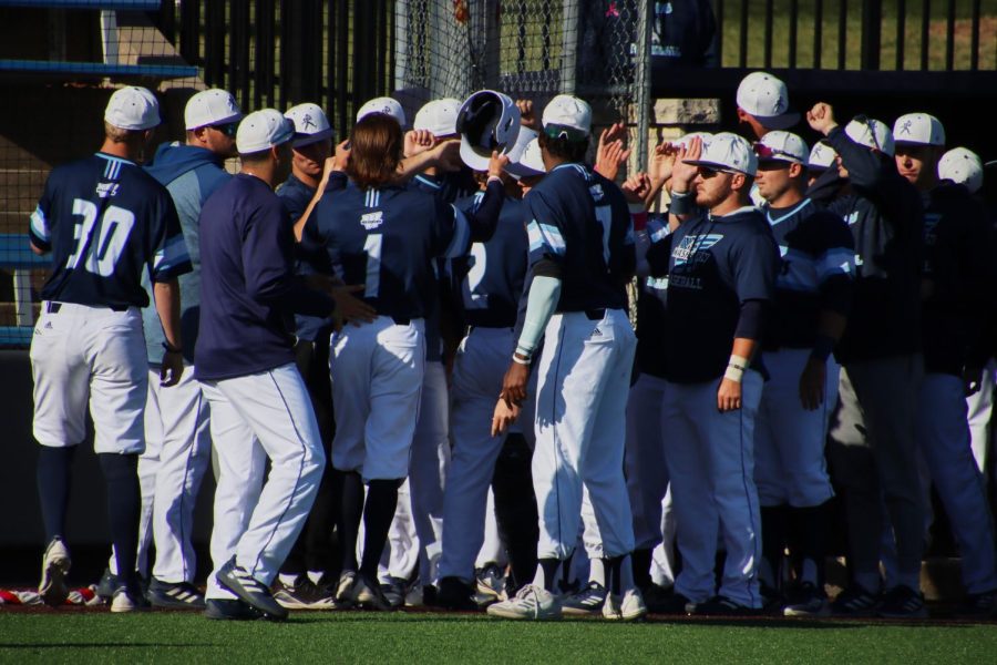 Washburns team celebrates after scoring April 8, 2022, Topeka, Kansas. Washburn defeated Central Oklahoma 7-3 in the game.
