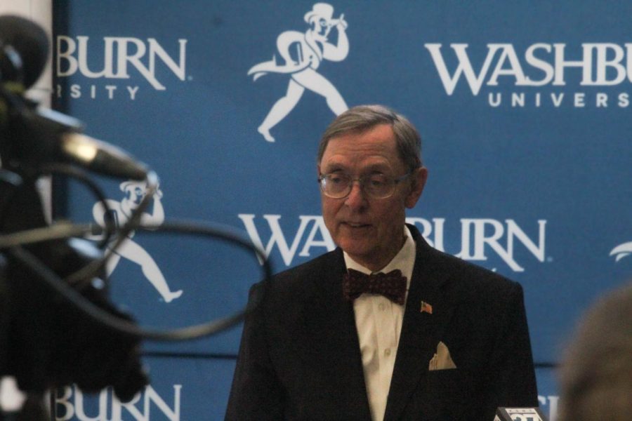President Jerry Farley announces his retirement April 18, 2022. He has served for more than 25 years as the president of Washburn University.