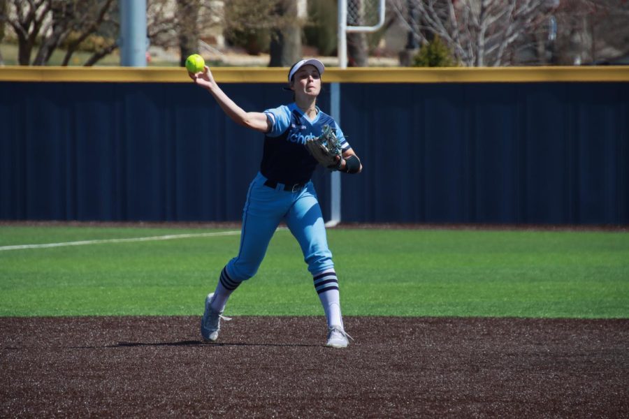 Washburn Autymn Schreiner (2) throws a ball April 2, 2022, in Topeka, Kansas. Schreiner had one assist and one putout in game one of the day.