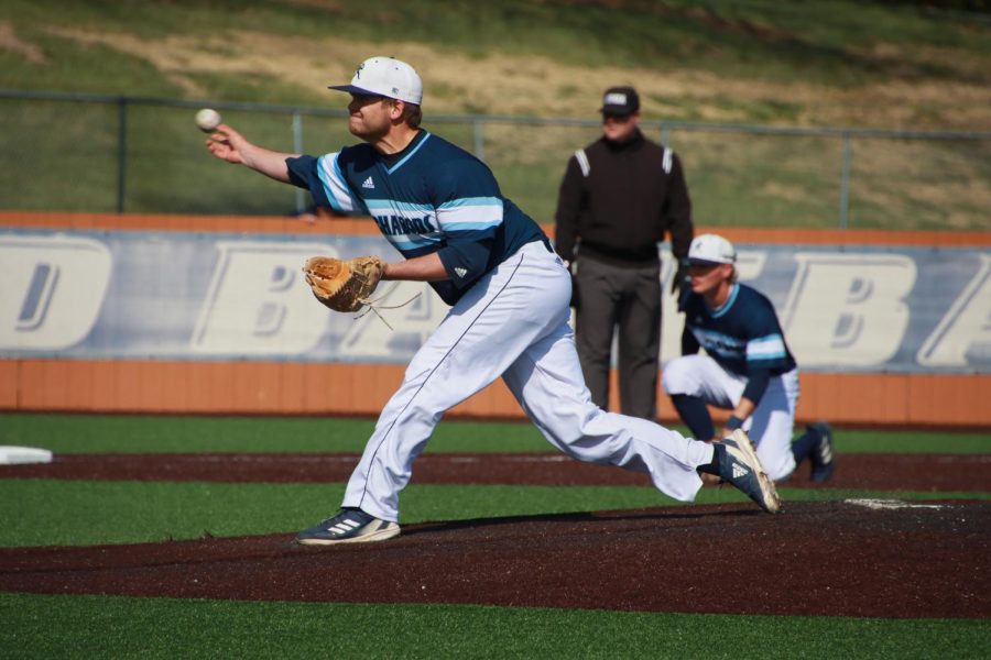 Washburn sophomore Austin Gerety (44) pitches the ball April, 13, 2022, Topeka, Kansas. Gerety threw one and two-third innings in the game.