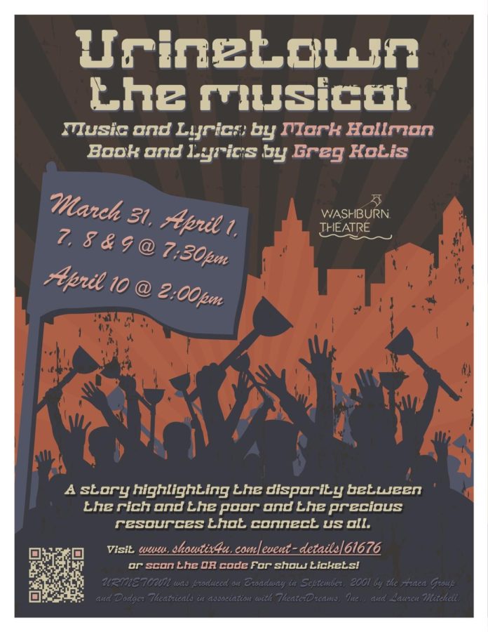Washburn University Theatre presents “Urinetown: The Musical” April 7-9 at 7:30 p.m. and April 10 at 2 p.m. The show will be held in the Neese Gray Theatre on campus.