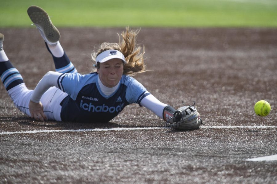 Washburn Hadley Kerschen (6) dives for the ball Saturday April. 16, 2022, at Washburn University in Topeka, Kansas. Kerschen had three putouts in game two of the day.