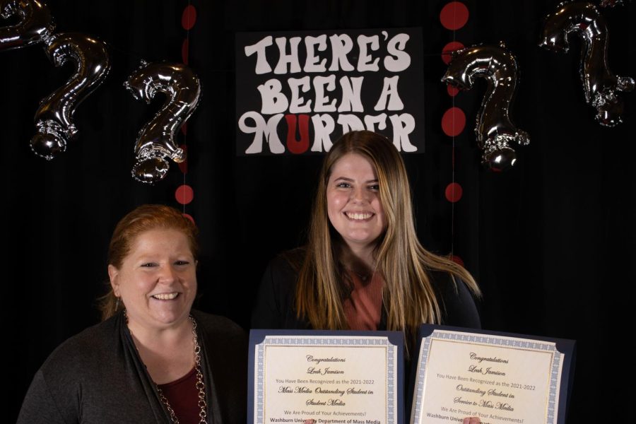 Leah Jamison, who was named outstanding student for both Student Media and Mass Media service, stands with her internship supervisor. The department of Mass Media honored students at the Keynote speaker event April 7th, 2022. 