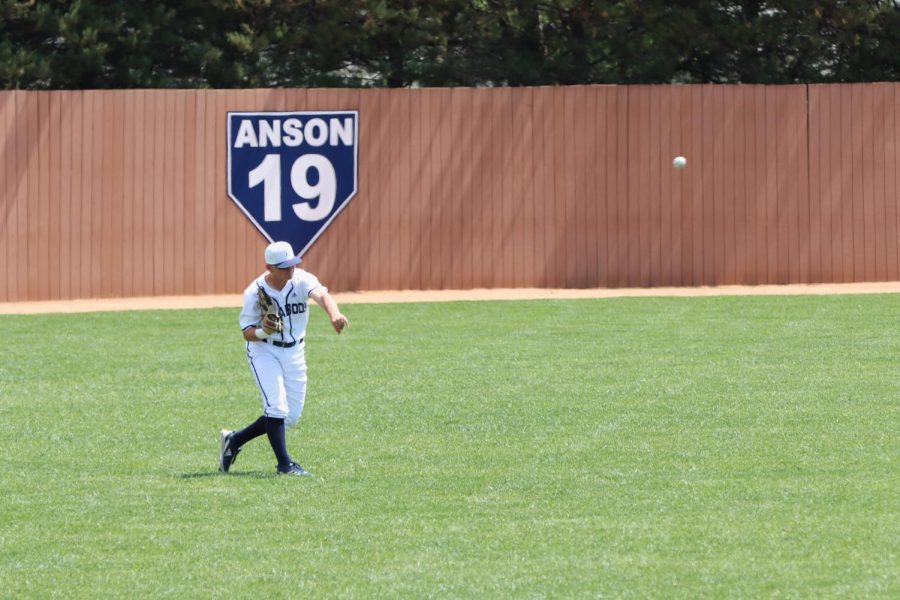 Freshman Easton Bruce throws the ball in from the outfield May 1, 2022. Bruce had one hit in the game.