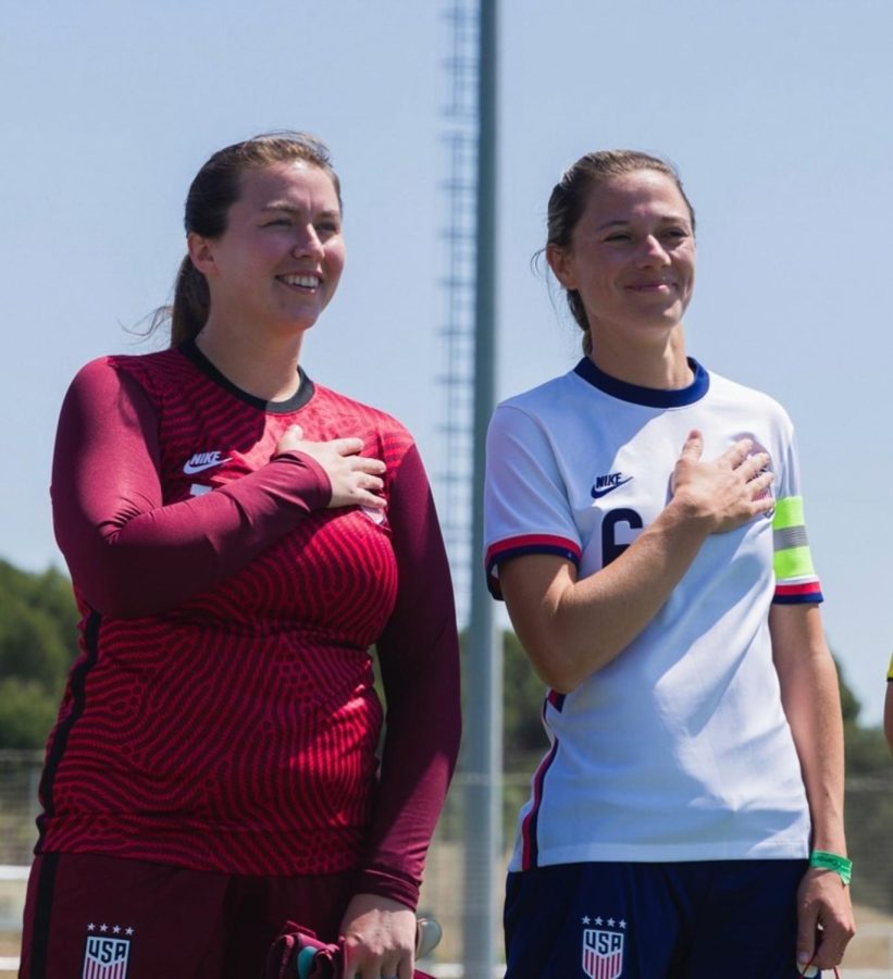 Emily Lauritsen (left) stands with a teammate before a match in May 2022. Lauritsen participated in the 2022 IFCPF World Cup after suffering a stroke in November 2020.
