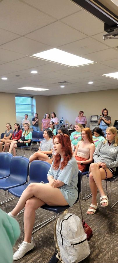 Washburn freshman Sawyer McClendon joins the recruitment meeting along with other potential sorority members. They learned about housing tours, meet-ups, and sorority options.