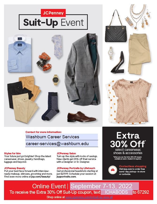 This flyer shows how to get the code for a 30% off coupon at JCPenney. The code will only be valid for business attire.