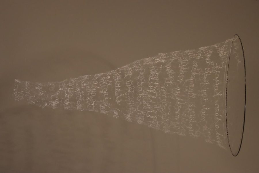 “Worlds Vanish, Writing Remains (2017)” by Dora Agbas represents their favorite late father’s sayings. It was made from nylon thread, white thread and steel hoop, where the fragility of the lace represented the inevitable loss of time.