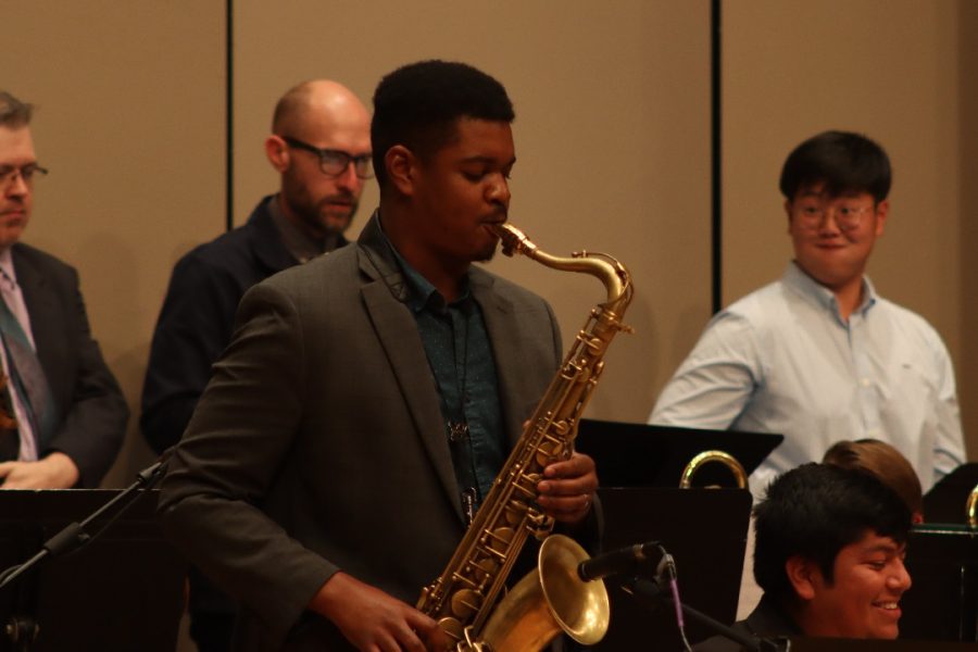 Houston Gonzales, senior in music, performs a solo at White Concert Hall Oct. 13, 2022. It was the first student jazz concert of the year.