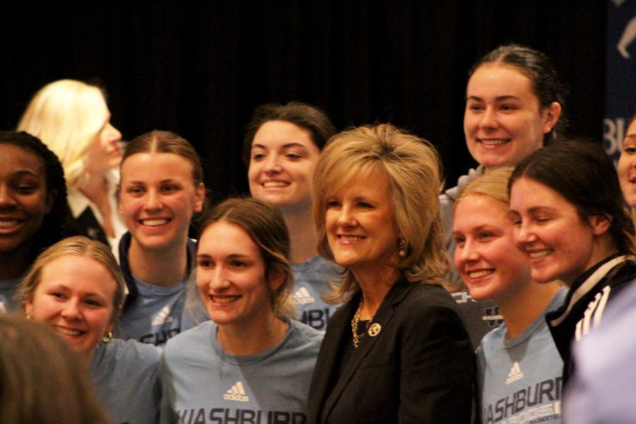 Washburn Womens Basketball team celebrate Mazacheks new position as president of Washburn. Mazacheks presidency was announced Wednesday, Jan. 11, 2023.