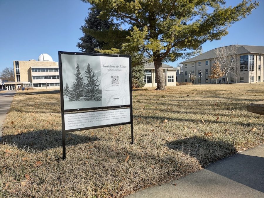 This Invitations to Listen sign stands outside of the Petro Allied Health Center on campus. Ten more signs were placed around the walking route as a part of the campus experience.