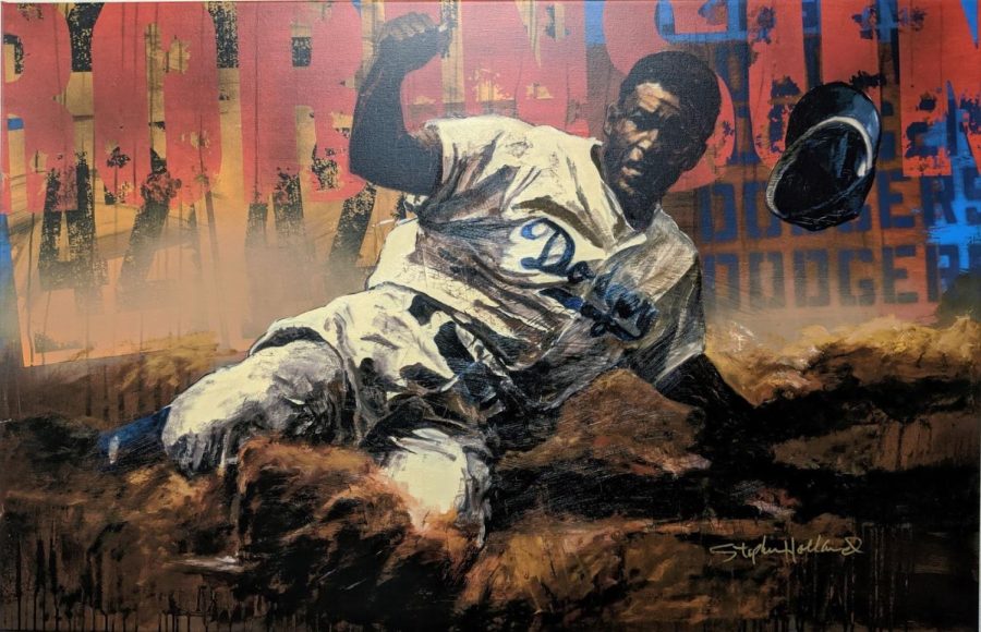 Jackie Roosevelt Robinson steals home base at the 1955 world series. Robinson was the first black athlete to join the major leagues in 1947, the same year he won the rookie of the year award.