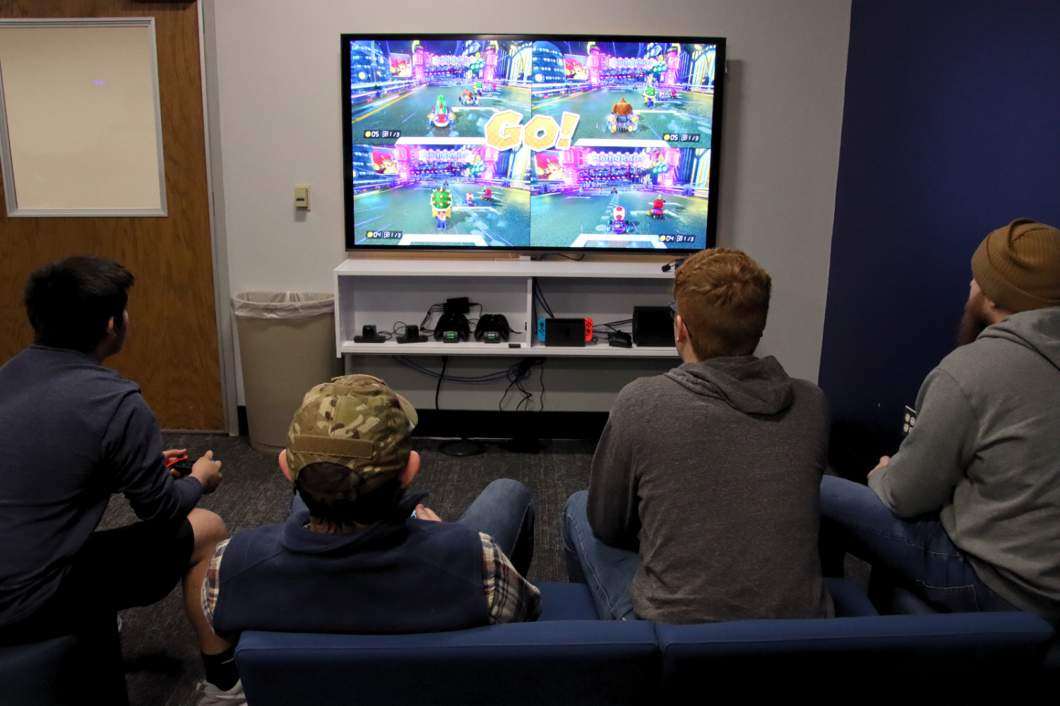 Students battle each other in a 'Mario Kart' gaming tournament