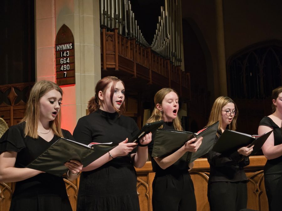 Sopranos Abby Strella, Iris Gaul, Sarah Vanstory and Mary Pritchett sing in the ensemble VoxAura. The group performed Tuesday, March 21 at Grace Cathedral in Topeka.