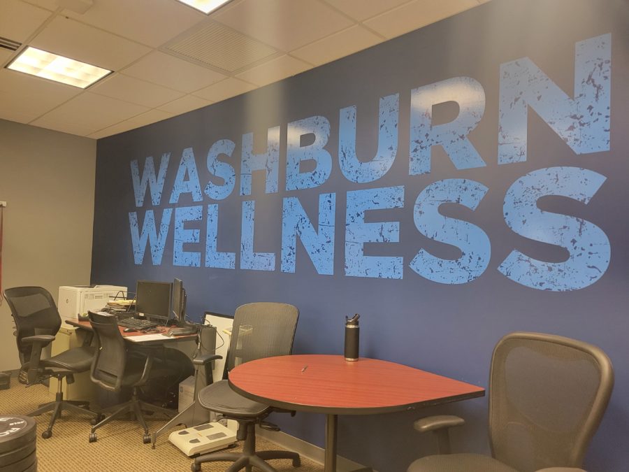 Washburn Wellness wall graphic inside the SRWC Wellness Suite. Wellness Suite is located on the first floor of the SRWC in room 106.
