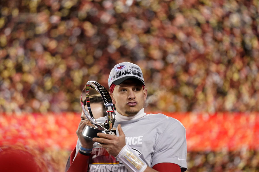 Kansas City Chiefs quarterback Patrick Mahomes holds the Lamar Hunt Trophy after the NFL AFC Championship playoff football game against the Cincinnati Bengals, Sunday, Jan. 29, 2023, in Kansas City, Missouri. The Chiefs won 23-20.