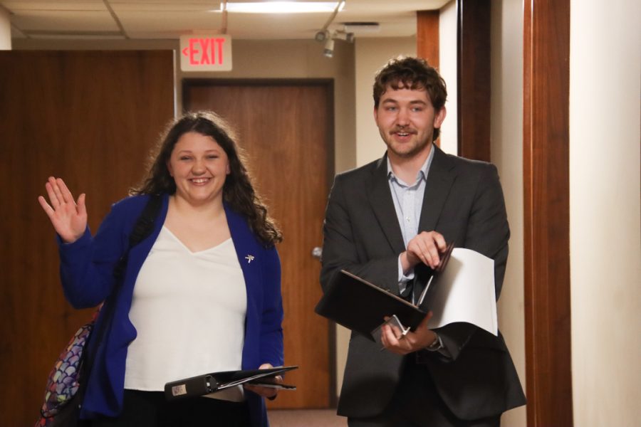 Shayden Hanes, former WSGA president, and Quinn Leffingwell, former WSGA vice president, leave the Kansas Room following the end of their administration. Hanes and Leffingwell took office in March of 2022 and will be followed by the Martinez-Asamoah administration.