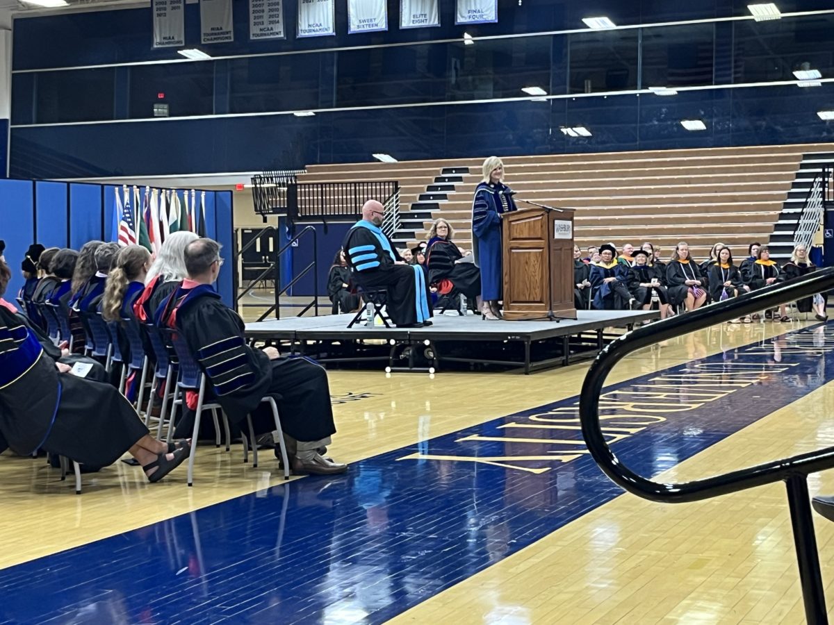 President JuliAnn Mazachek finishes with her closing statements in her Convocation speech. The ceremony was held in Lee Arena Aug. 24. 