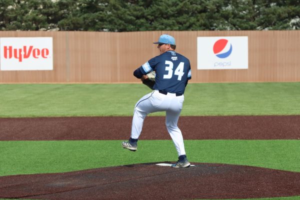Casey Steward, starting pitcher, sets up for a pitch on May 5 against Northeastern State University in the MIAA Championship Tournament. He tied for the Washburn record of a total of 110 strikeouts for the season. 