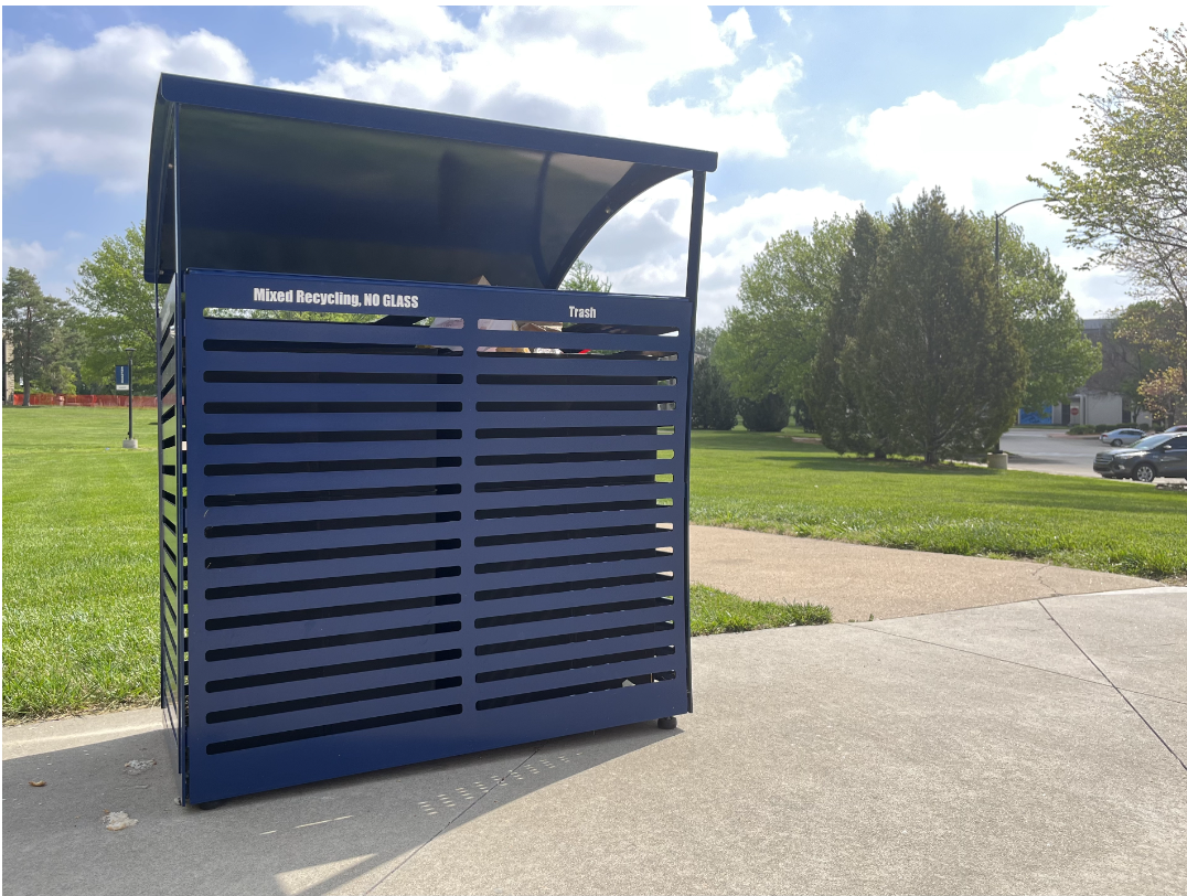 The blue recycling bins outside bins are ideal for bigger recyclable material, while the inside ones are ideal for loose paper and beverage containers. Blue recycling bins like this one are located outdoors around campus, in addition to small bins located inside buildings.  