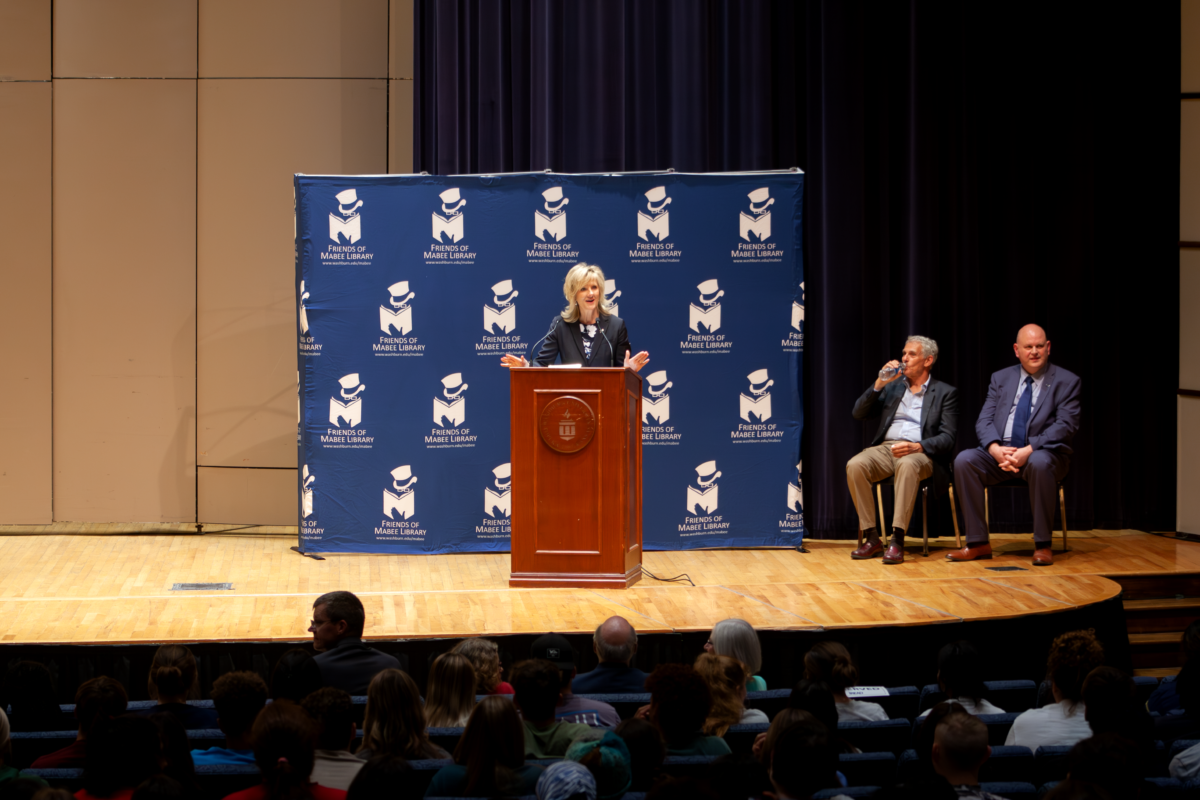 Washburn President JuliAnn Mazachek speaks briefly before Goldstone takes the stage. The 2023 iREAD Lecture was Thursday at White Concert Hall.