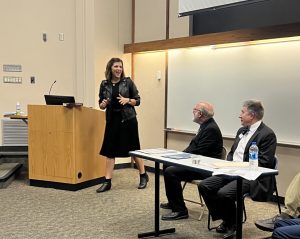 Emily Bradbury, executive director of the Kansas Press Association, and Washburn faculty members, discuss free press. The group decided to hold this discussion following the raid of the Marion County Record Aug. 11. 