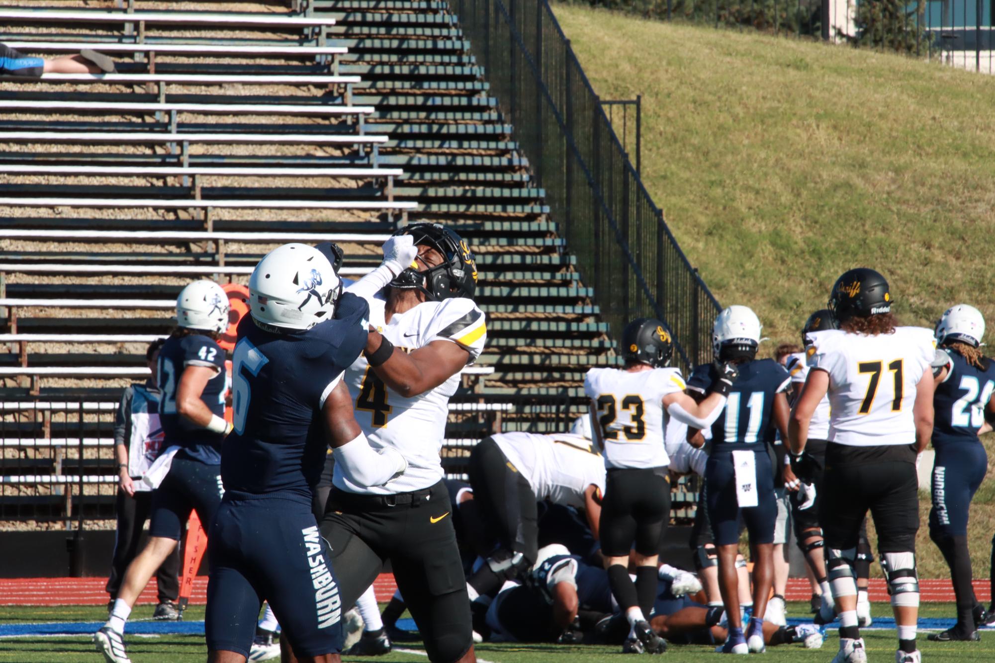 Sophomore defensive back, Braylon Alexander, executes a penalty of a face mask against a Missouri Western player. The penalty was not called against the Ichabods. 
