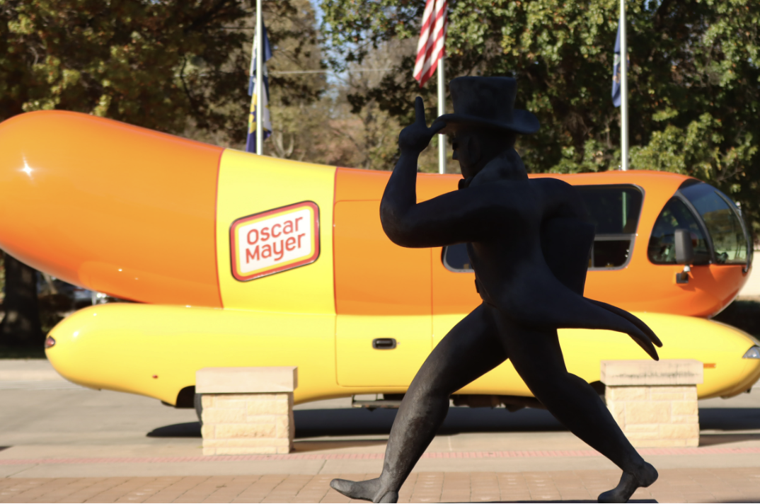The Oscar Mayer Wienermobile on Washburn campus Nov. 2, 2023, for a surprise visit. It was a surprise to many people that have never seen the Wienermobile.