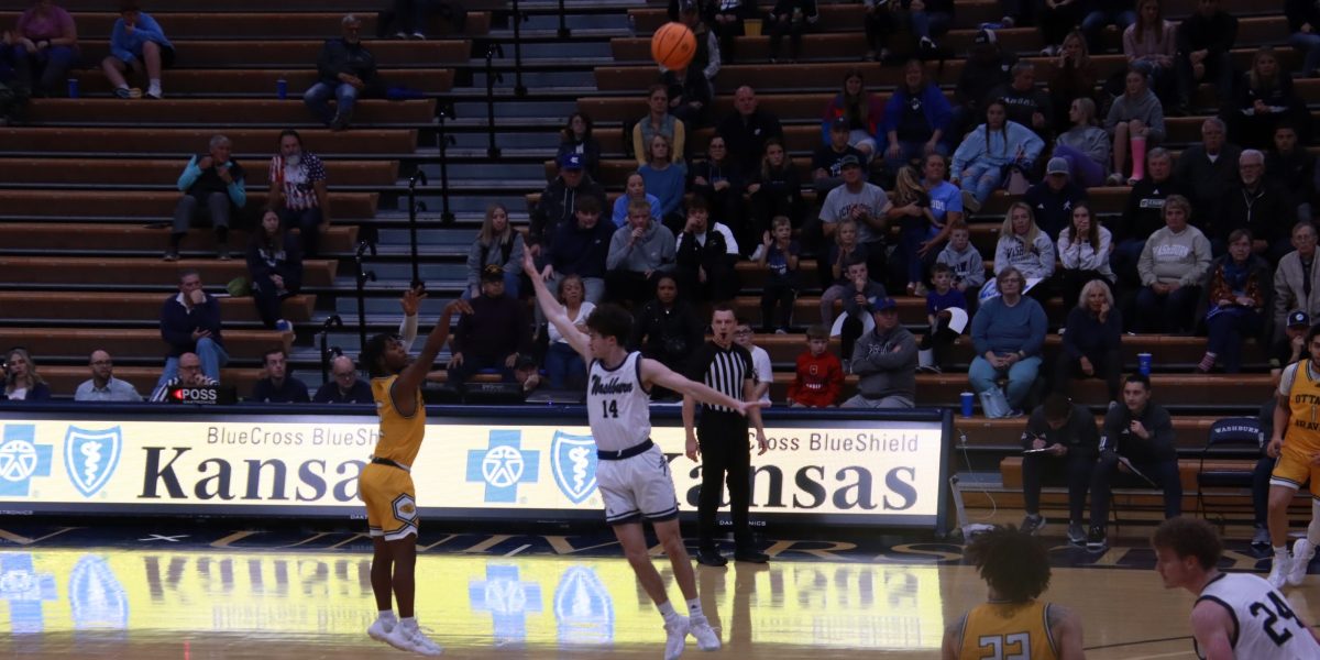 During the first quarter of the game against Ottawa University, Jack Bachelor blocks the Braves from making a pass. The Ichabods won the game 97-76.