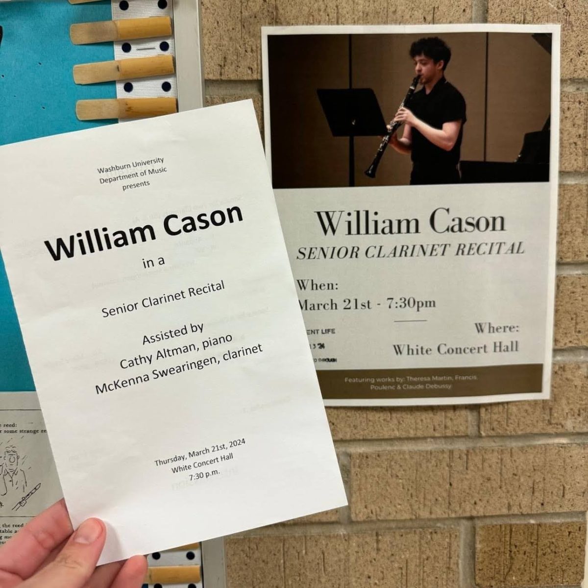 Cason showcases his promotional material for his senior recital, which includes programs with all the pieces he performed and posters all over Garvey Hall. Professor of Applied Clarinet, Larkin Sanders, assisted Cason in preparing his recital.