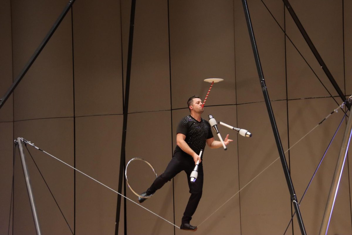 Dubois closes the show performing multiple tricks while balancing on a slack line. He expressed how balancing on a slack line is harder than doing so on a tightrope.