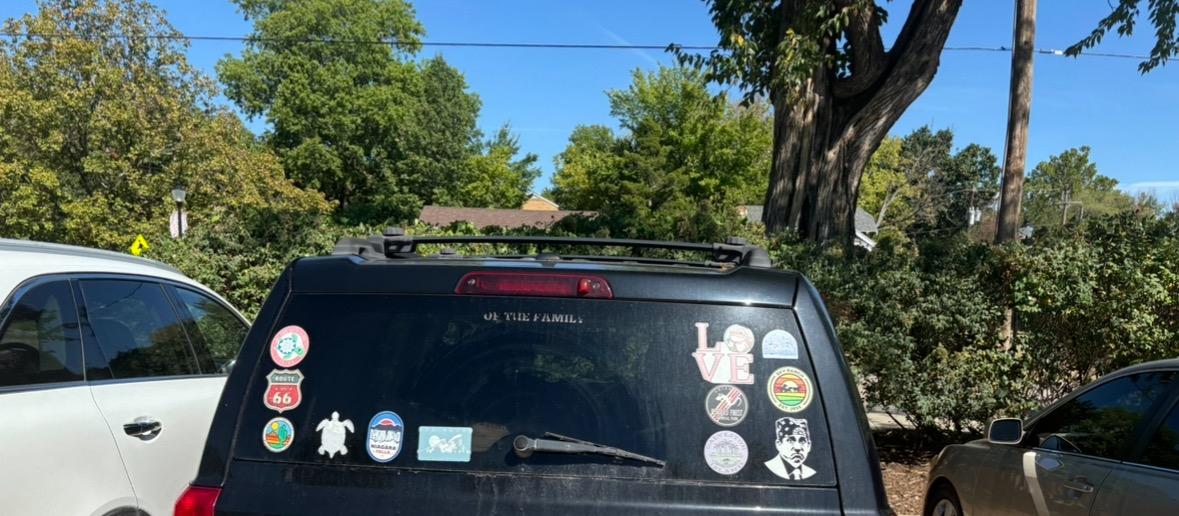 Caylee Kloiber’s Jeep, with its accompanying stickers. Her collection began when she was given a sticker from “The Office.”