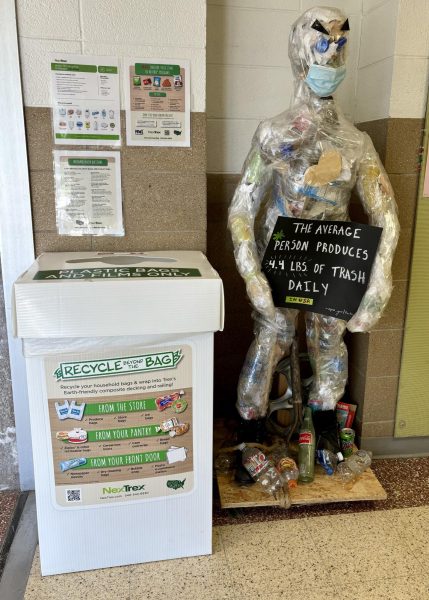 The Recycling Man sits inside of Stoffer Science Hall alongside a box where students can recycle their plastic. Here, students are educated on why throwing plastics away is so important.