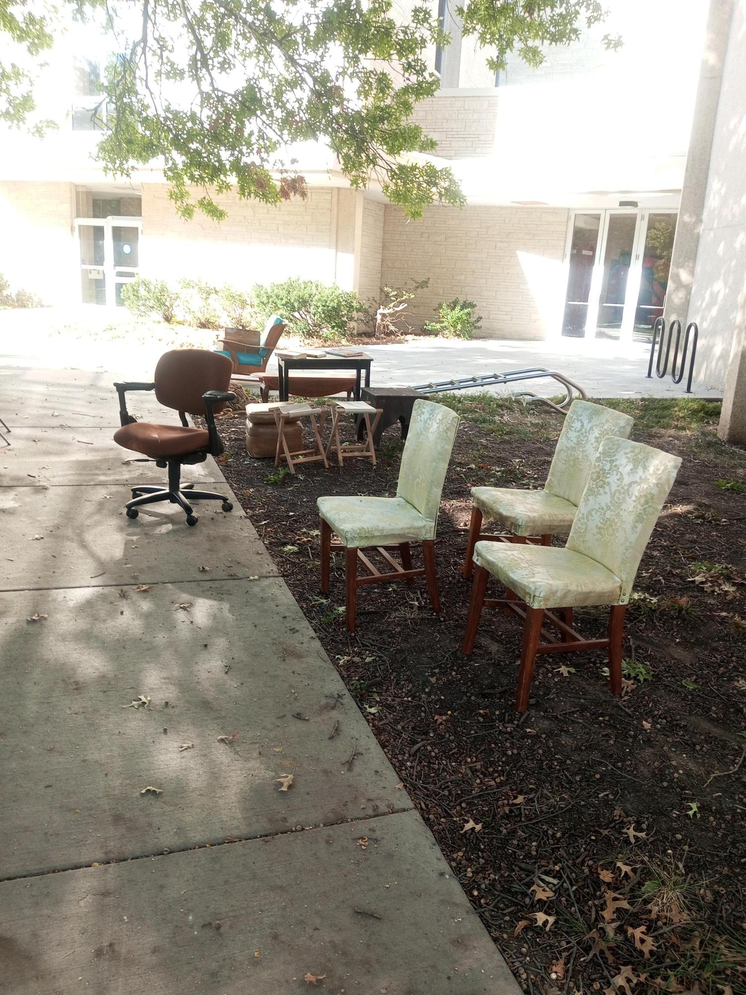 There were used furniture outside on the Garvey Hall Lawn. The donations from the closet cleanout will help students travel to the Edinburgh Fringe Festival.