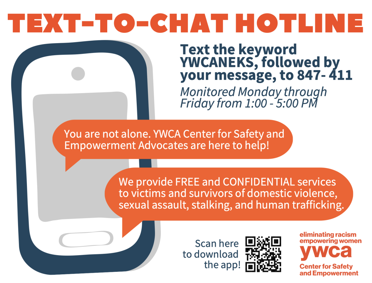 The YWCA has a text-to-chat hotline available for struggling individuals. They have helped many students struggling with domestic abuse. Graphic courtesy of the YWCA.