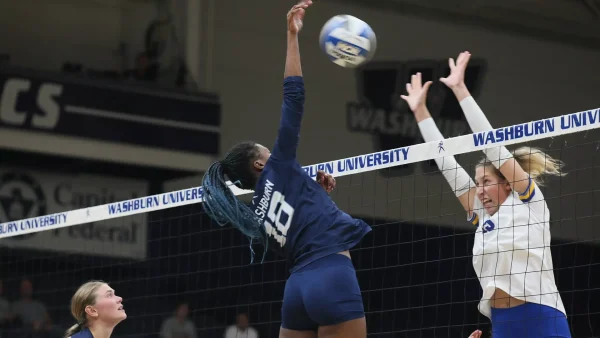 Taryn Pridgett, senior outside hitter, prepares to launch an attack. Pridgett led the first set with four kills. (Photo courtesy of Sarah Cavallaro)