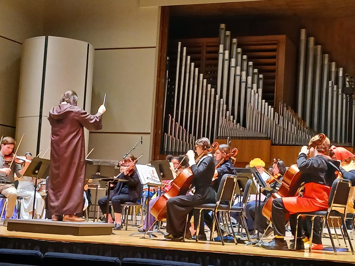 Musicians dress in vibrant Halloween costumes for the WU orchestra concert. Some wore fairy wings and bright costumes while playing orchestral music.