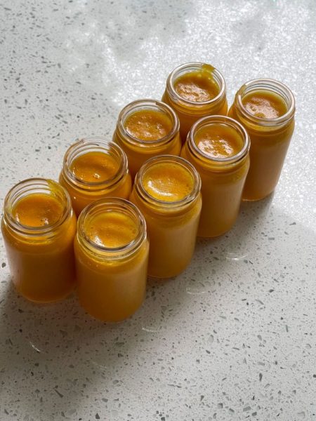 The recipe makes eight glasses of ginger shots. More or less juice can be made by adjusting the amount of ingredients.