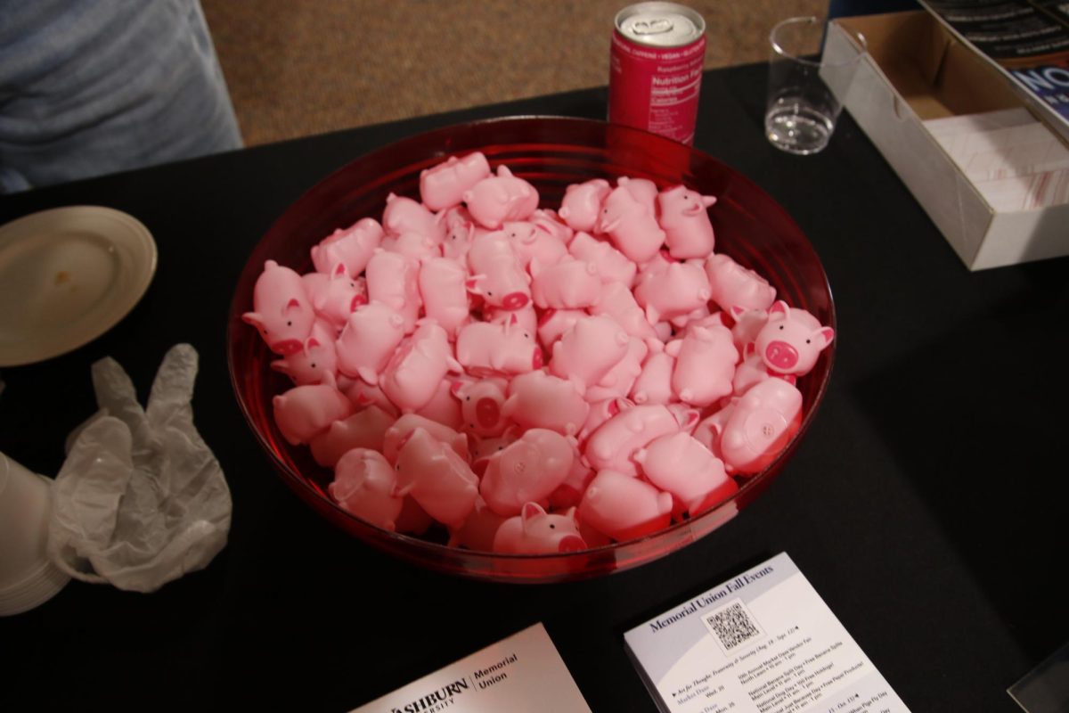 A bowl of miniature pigs lies on the counter. Students were encouraged to take a pig as long as they signed themselves into the event using their Washburn ID.
